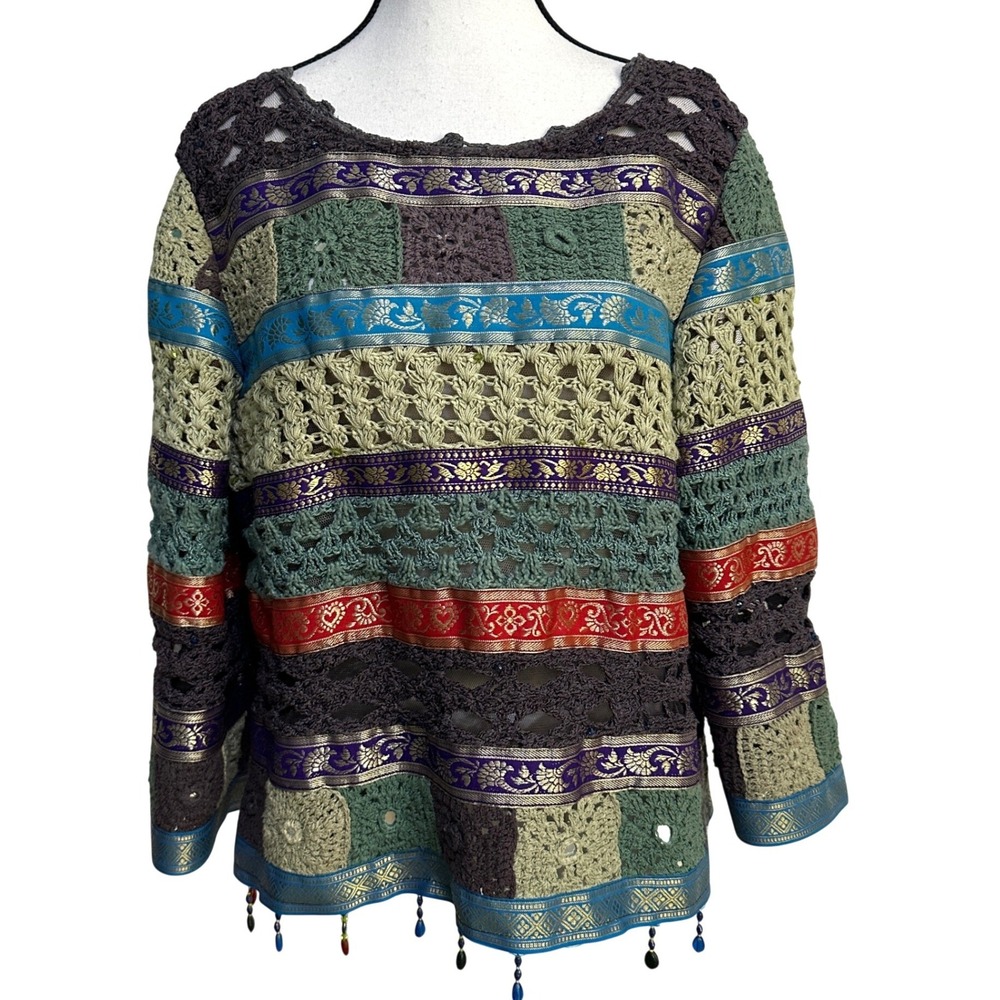 Sandy Starkman Patchwork Top Womens L Boho Beaded Whimsigoth Eclectic Artisan